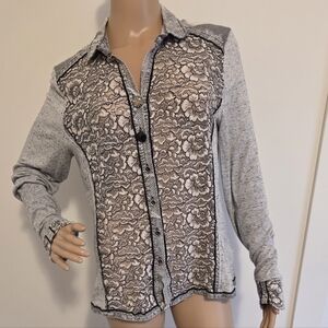Eilsa Cavaletti  Heathered Grey Mixed Media Button-Down Shirt Art To Wear